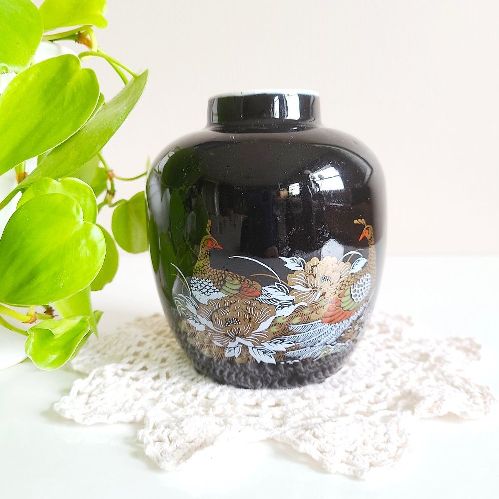 Vintage Glossy Black Ceramic Asian Japanese Vase with Peacock and Flowers.